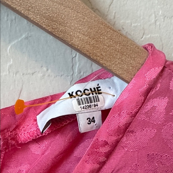 KOCHÉ COLLECTIVE Pink Leopard Print Asymmetric Lace Trim Dress Size 34 - Picture 4 of 5